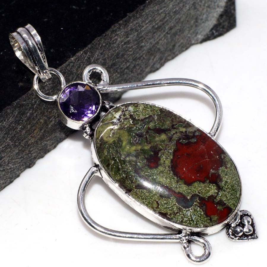 Classic Dragon Blood Jasper Amethyst Long Pendant Jewelry Size 2.5" MJ