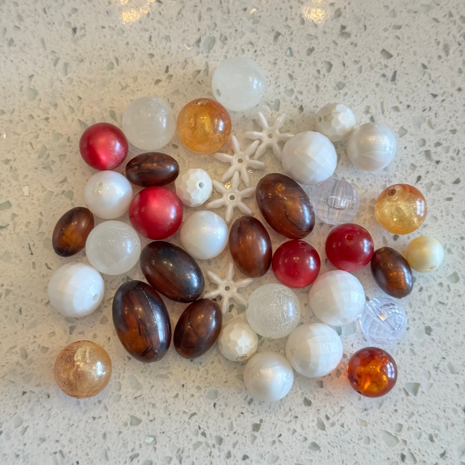  35+ Vintage Beads White Brown Red Mixed Embellishments Sewing Jewelry Crafts