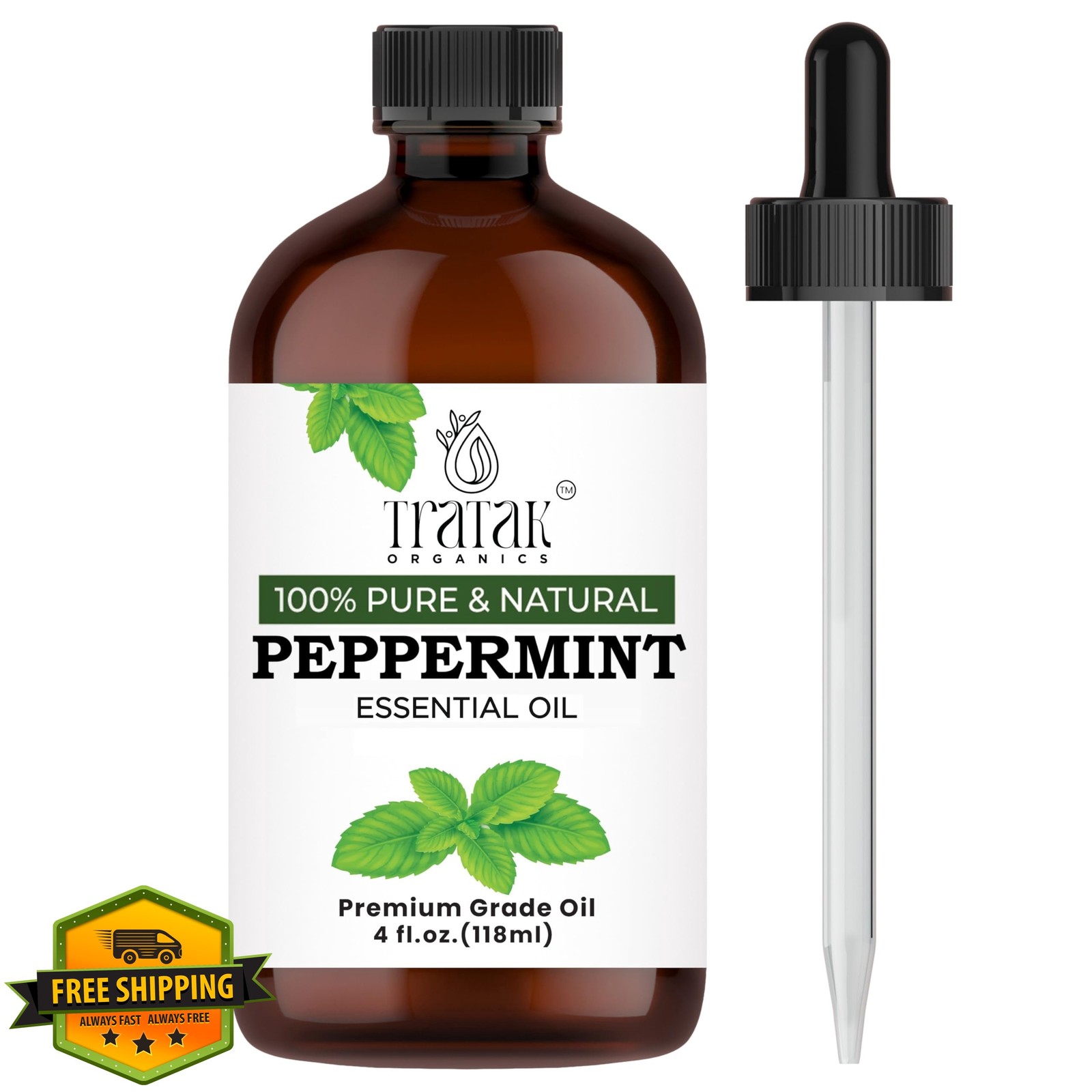 Tratak Organics Peppermint Essential Oil 4oz Pure Natural Glass Dropper