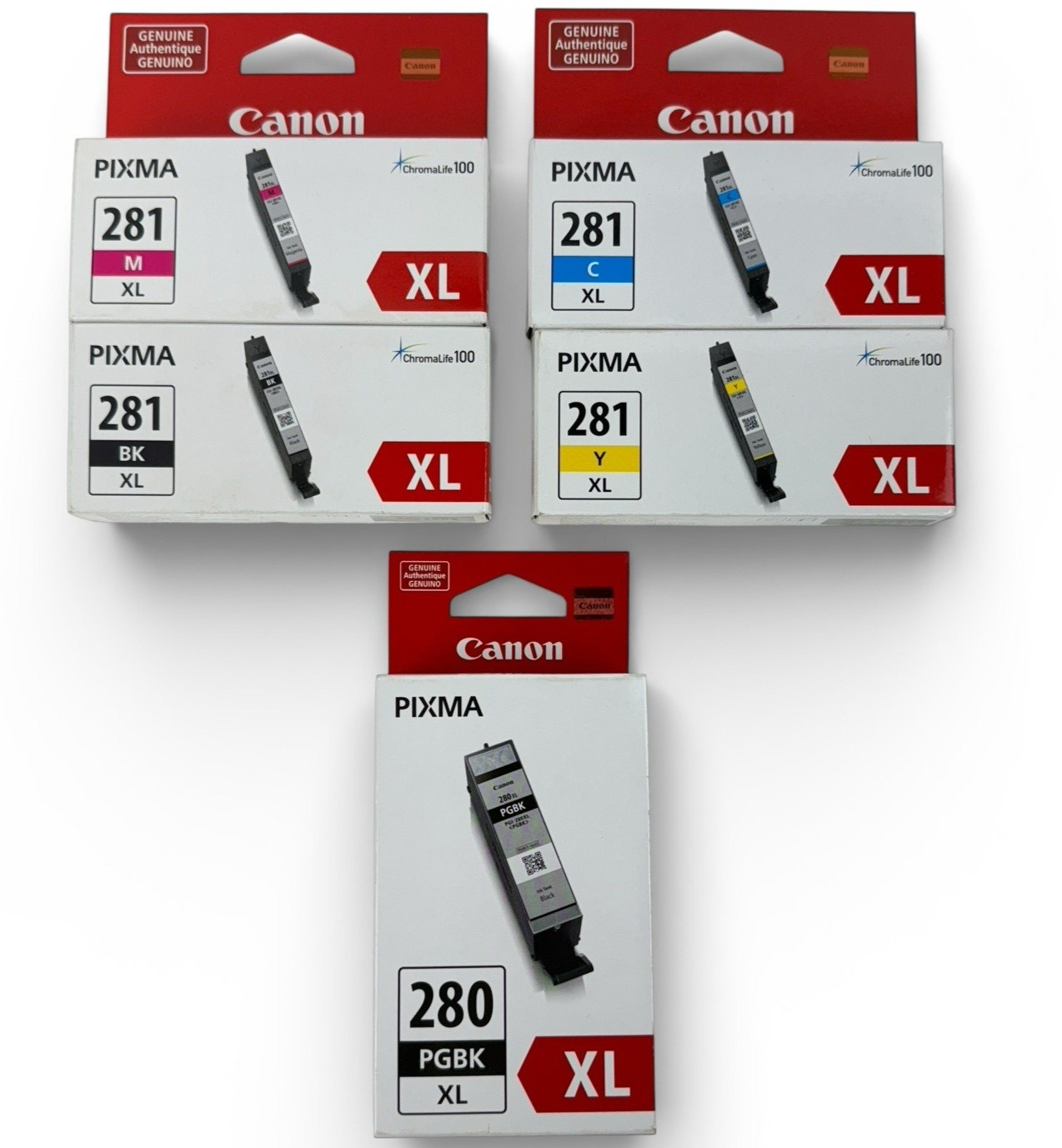 Canon Genuine 280 PGBK 281 Black Cyan Magenta Yellow XL Ink Cartridges 5 Pack