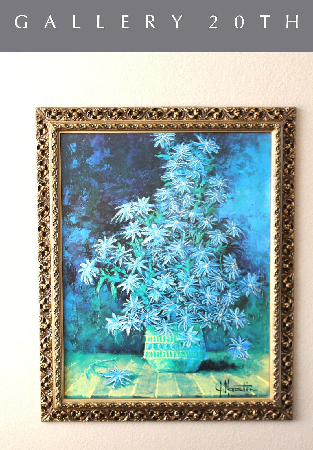 STUNNING! MID CENTURY MASTIN ATOMIC BLUE LITHOGRAPH! ART 50S FLOWER PAINTING VTG