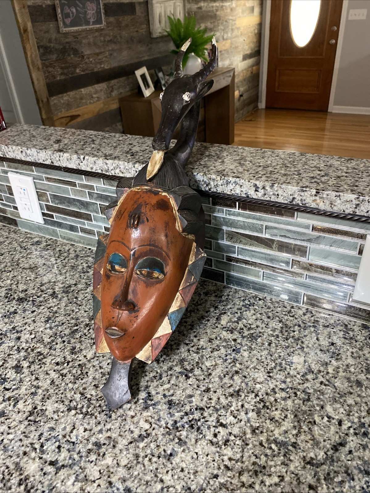 Vintage African Mask Antelope  Carved Wood Long 25” X 7”