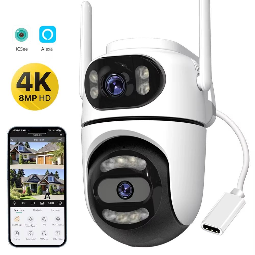 8MP 4K HD Wifi PTZ Camera Icsee APP Dual Lens Dual Screens Video Surveillance IP