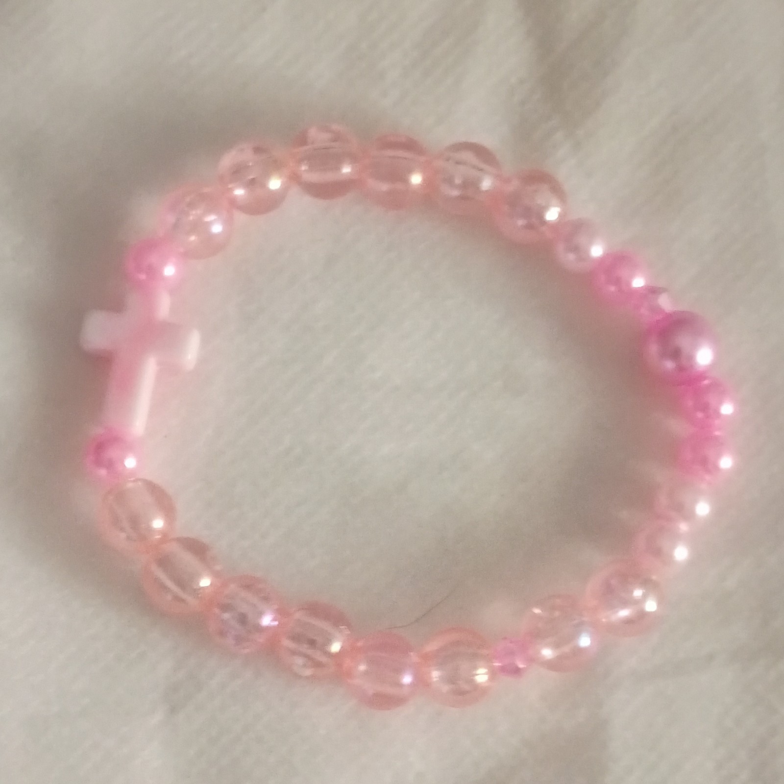 Pink Beaded Stretch Bracelet with Dangle Cross Charm for Girls, Religious Theme