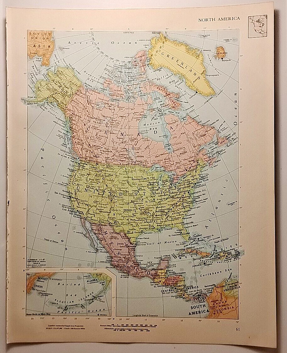 Vintage NORTH AMERICA Atlas Map 1965 MSM Rand McNally Cosmopolitan World Atlas