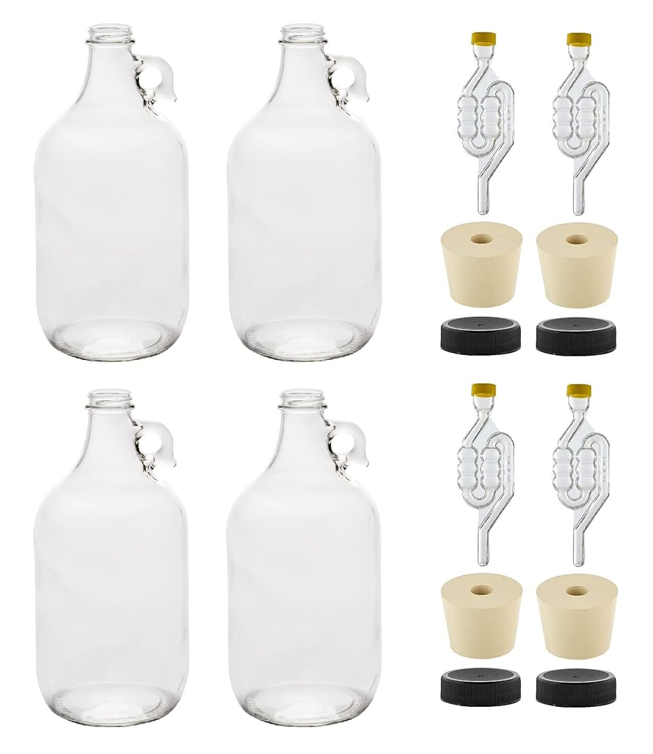 1/2 Gallon Clear Glass Fermenting Jug with Handle – Set of 4 – Includes 6.5 Rubb