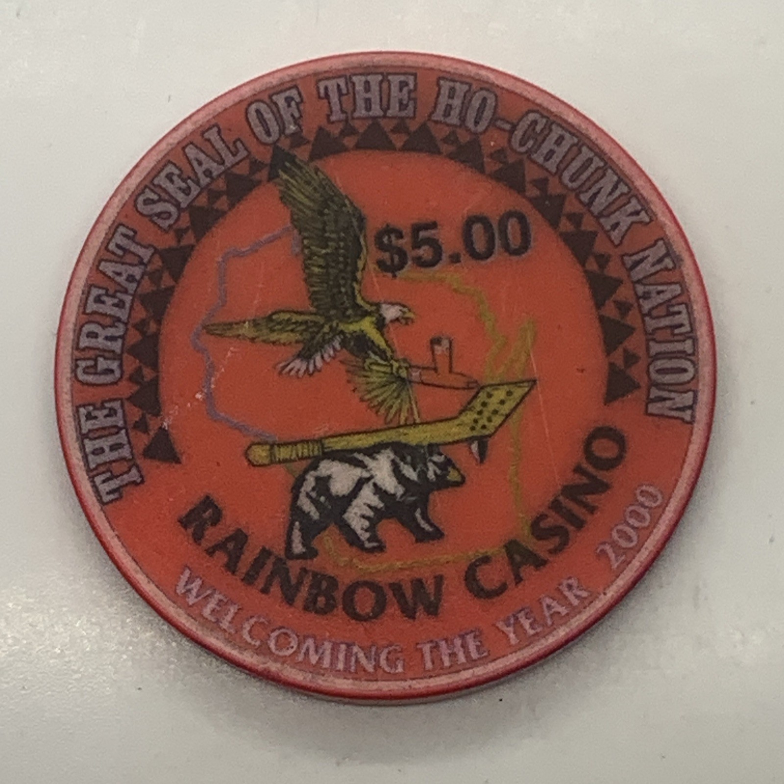 RAINBOW CASINO $5 chip Nekoosa Wisconsin Ho Chunk Nation Millennium 2000