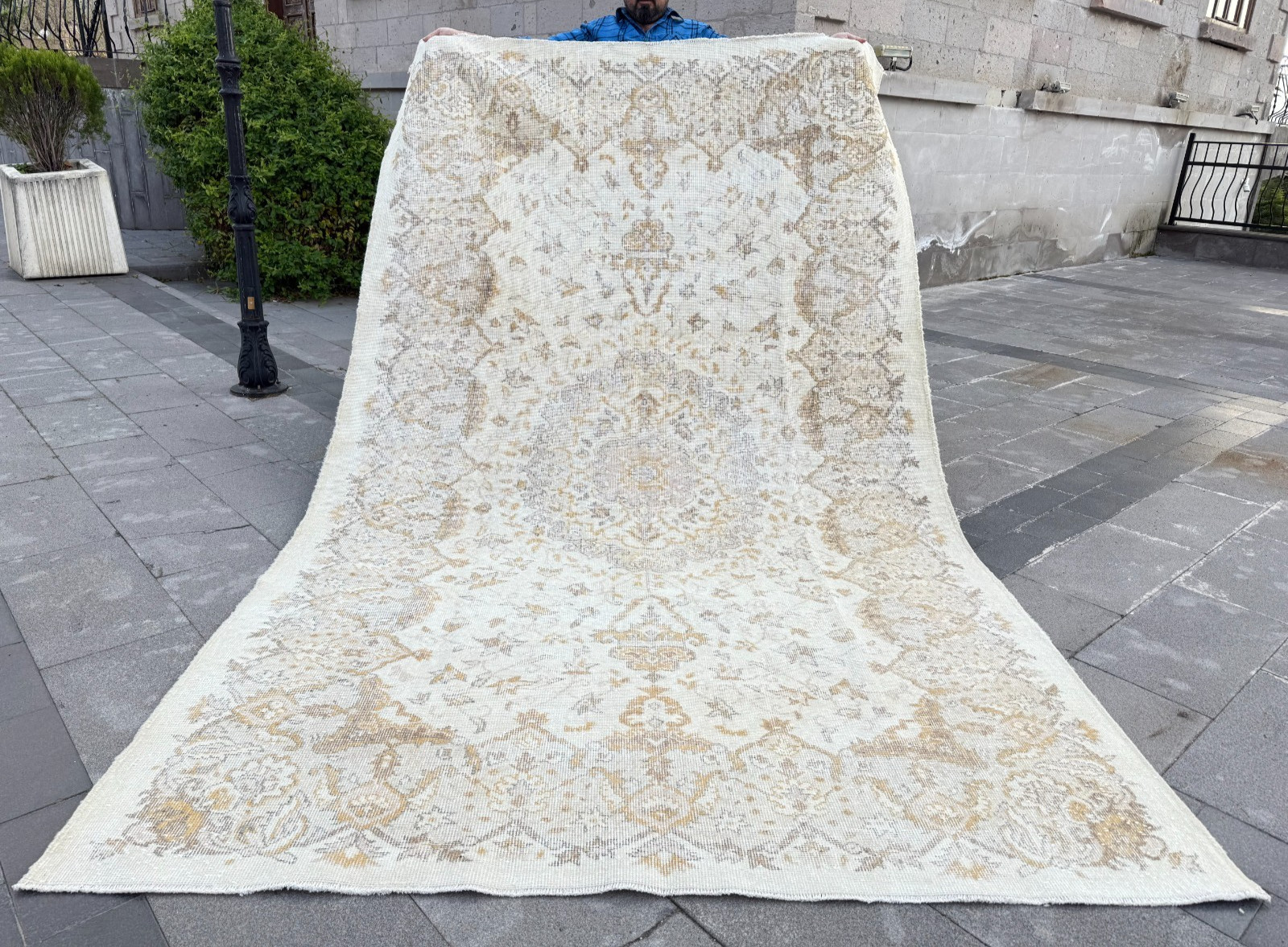 Vintage Oushak Rug 6.3x10.5 ft Large Neutral Beige Gold Muted Turkish Medallion