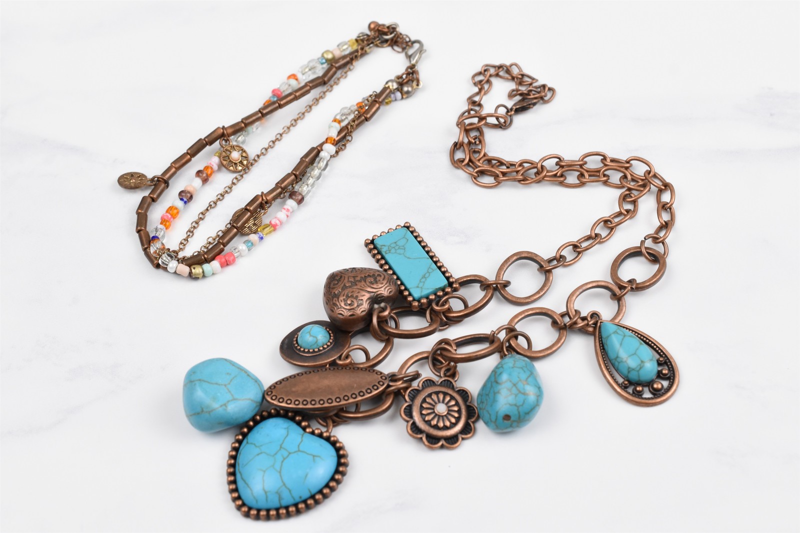 Handmade Studio 2pc Copper Necklace Lot Turquoise Magnesite Drops Colorado Glass