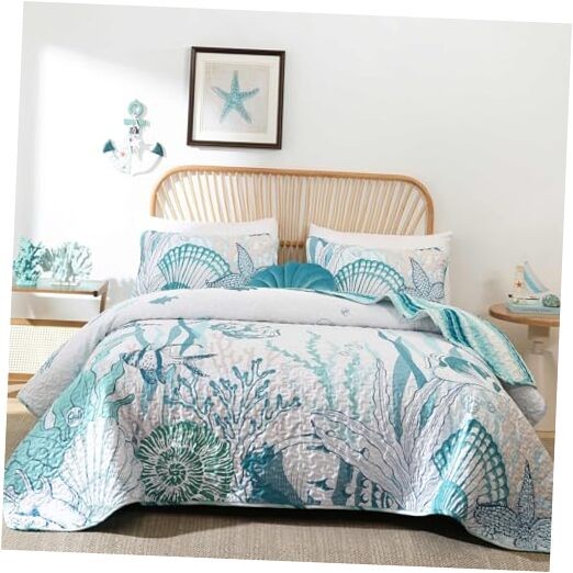 Coastal Quilts Bedding Set Size,3 Piece Summer Green Fish King Aqua Green Ocean