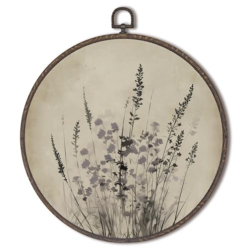  Vintage Beige Floral Round Framed Wall Art Decor, Retro Rustic Boho wildflower
