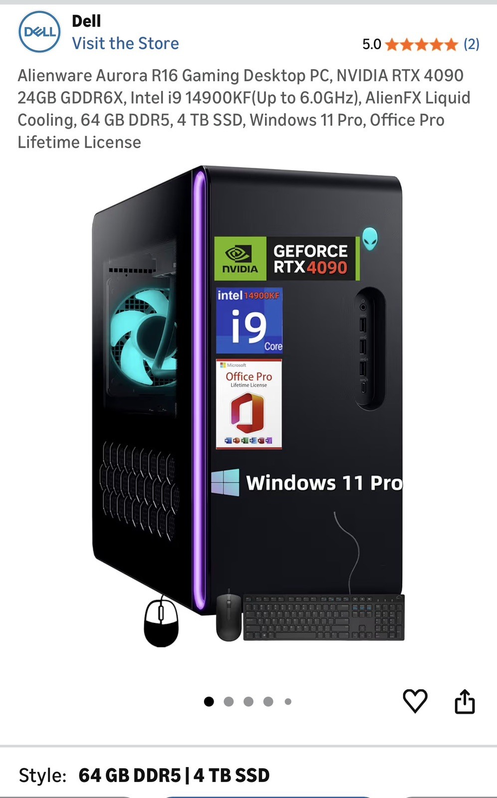 Alienware Aurora R16 Desktop, NVIDIA RTX 4090 Intel i9 14900KF, 64GB DDR5, 4TB