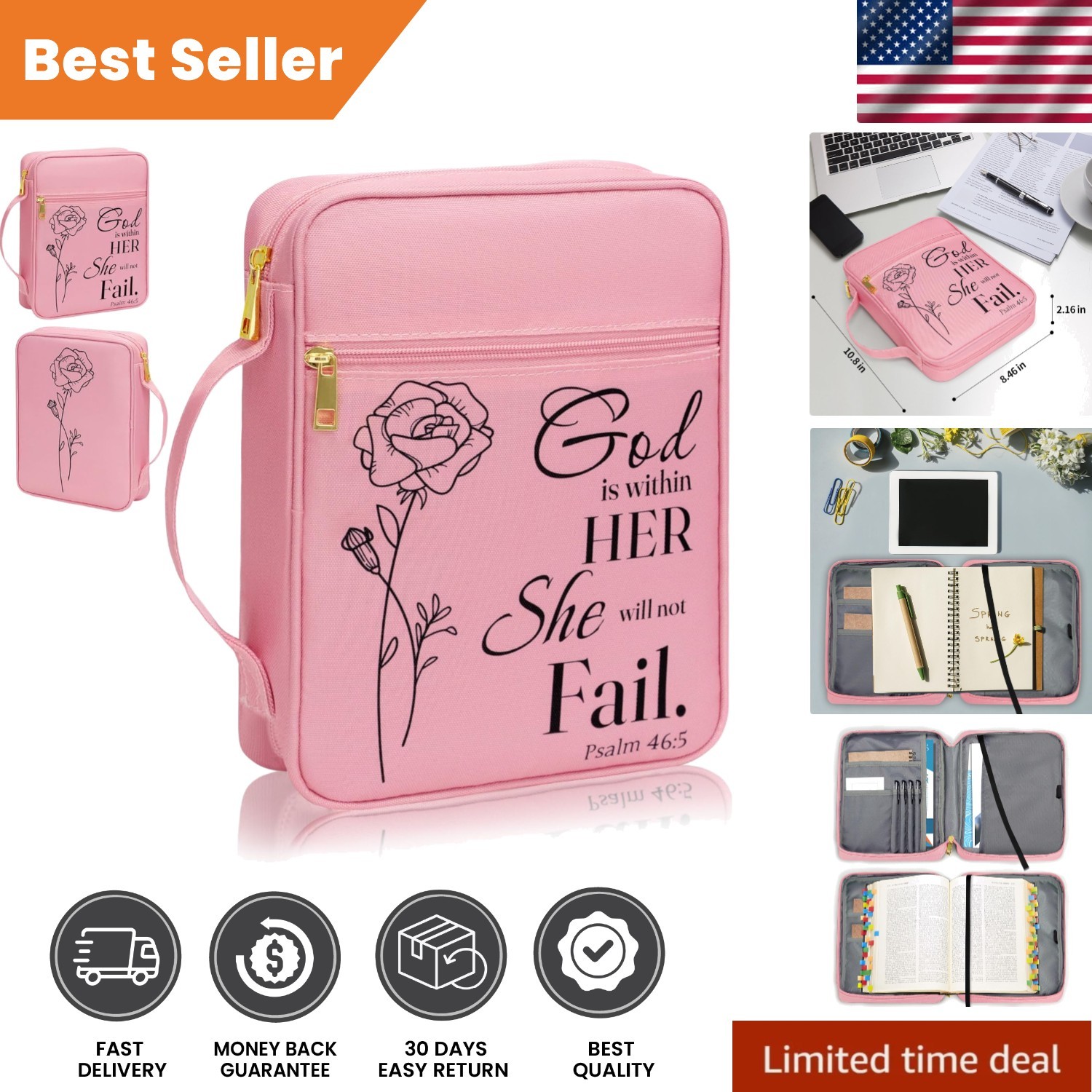 Chic Pink-Rose Bible Cover - Lightweight Organizer with Inspirational Quote