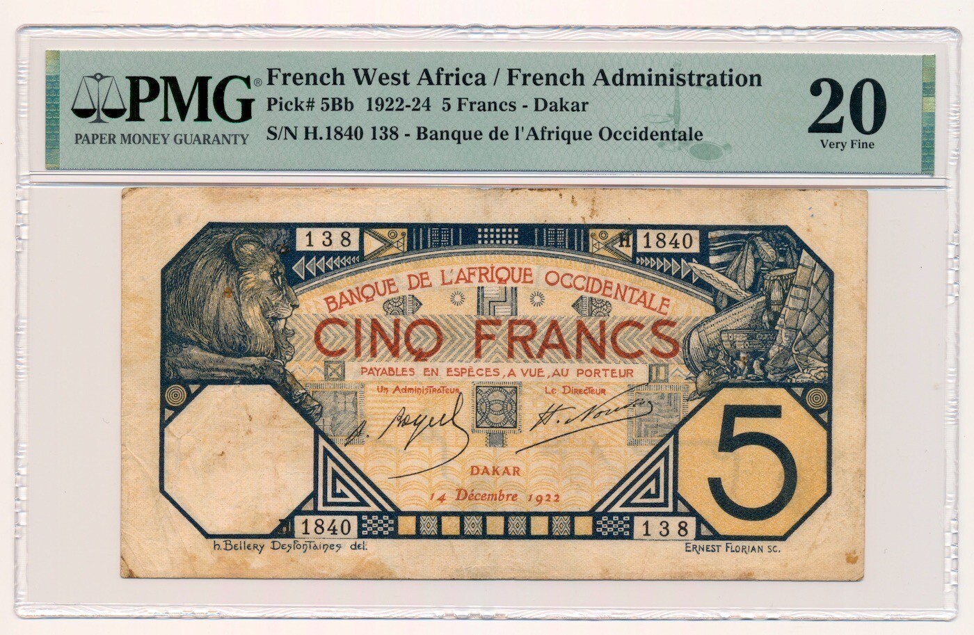 FRENCH WEST AFRICA banknote 5 Francs 1922 Dakar PMG VF 20