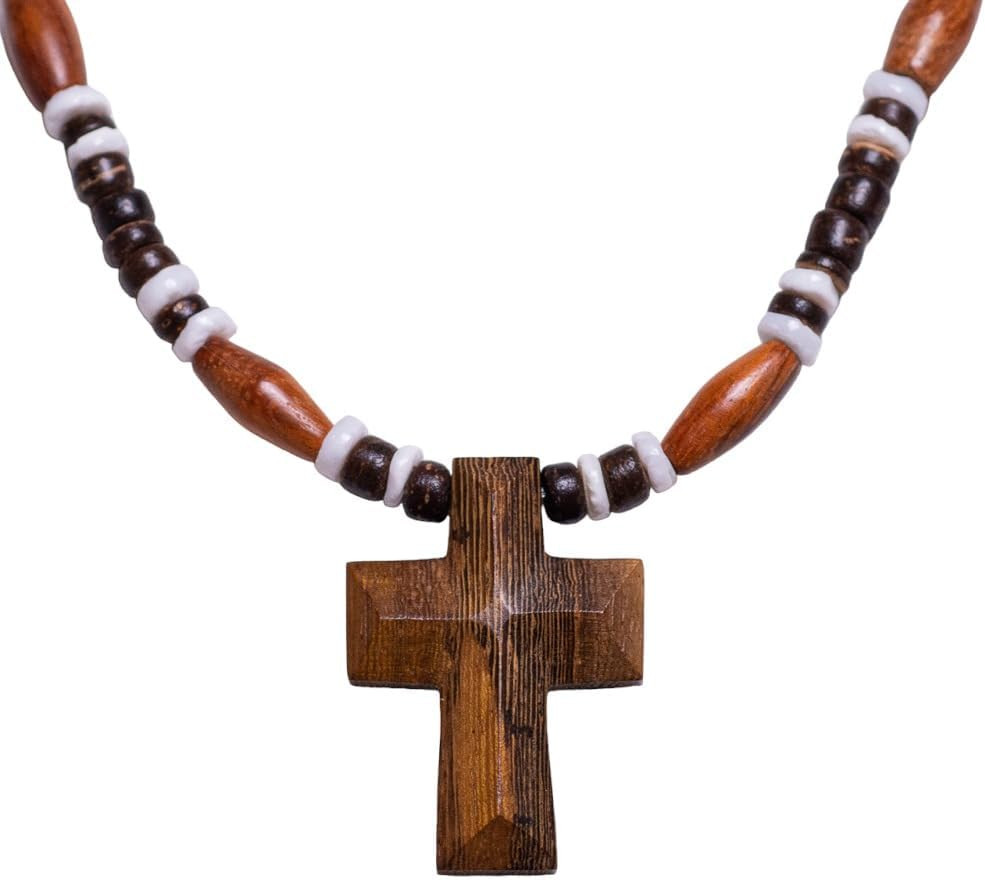 Hand Carved Wood Cross on Brown Coconut & Puka Shell Beads Necklace (18")