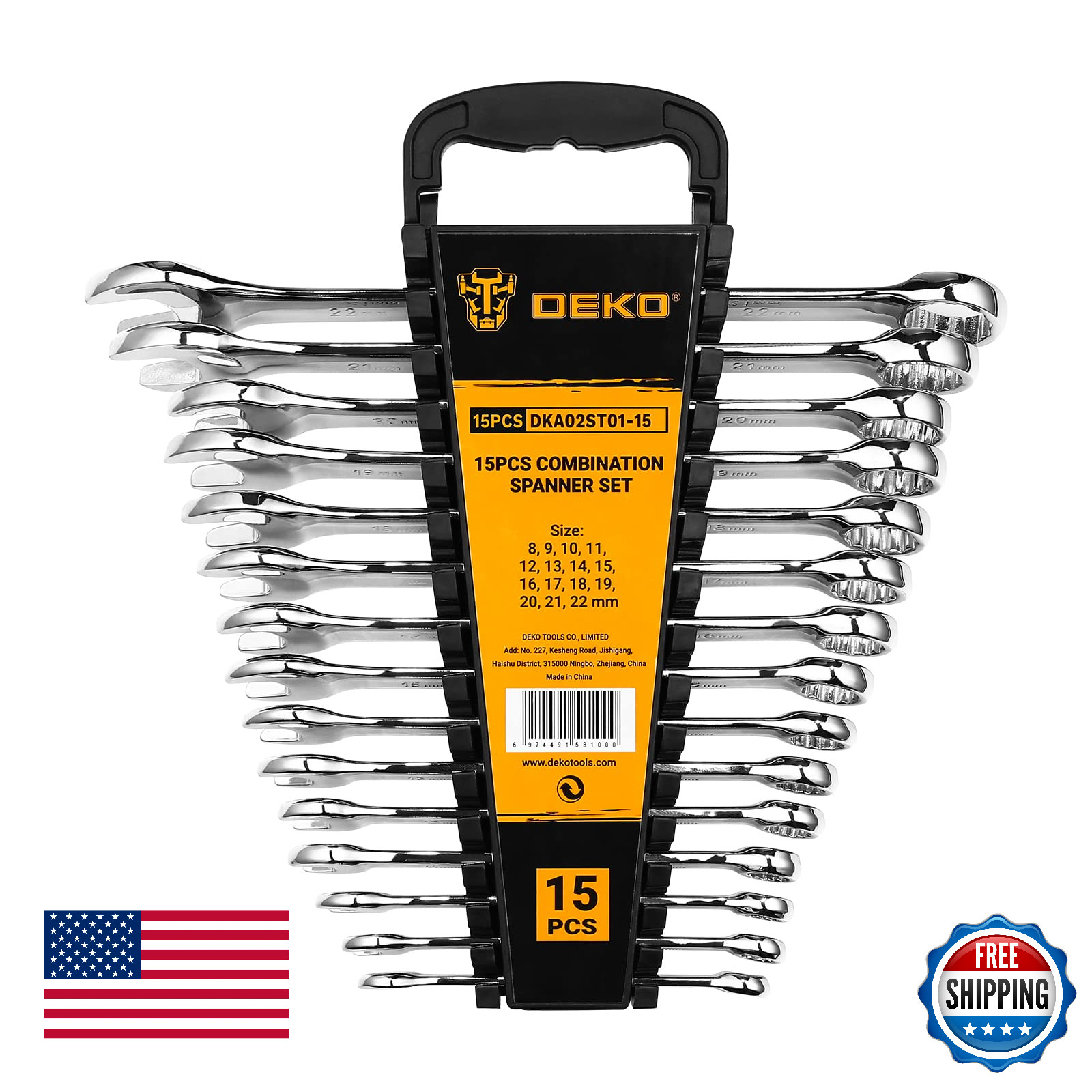 DEKOPRO 15-Pcs Metric Combination Wrench Set 8-22mm 12-Point Cr-V