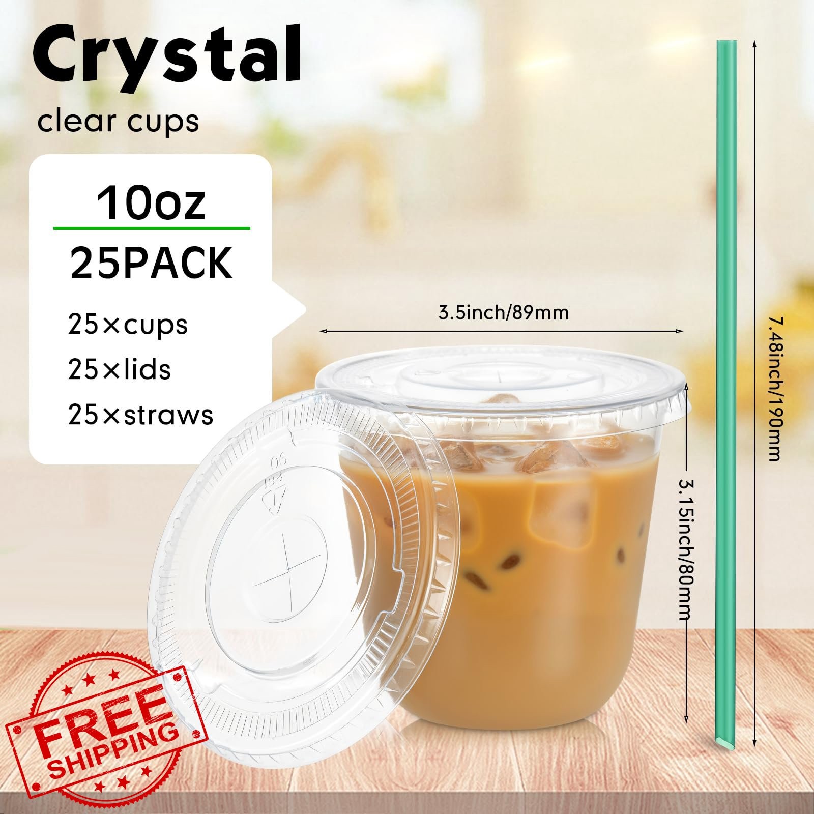 Baderke 25 10oz Plastic Cups, Lids Straws Clear Iced Coffee