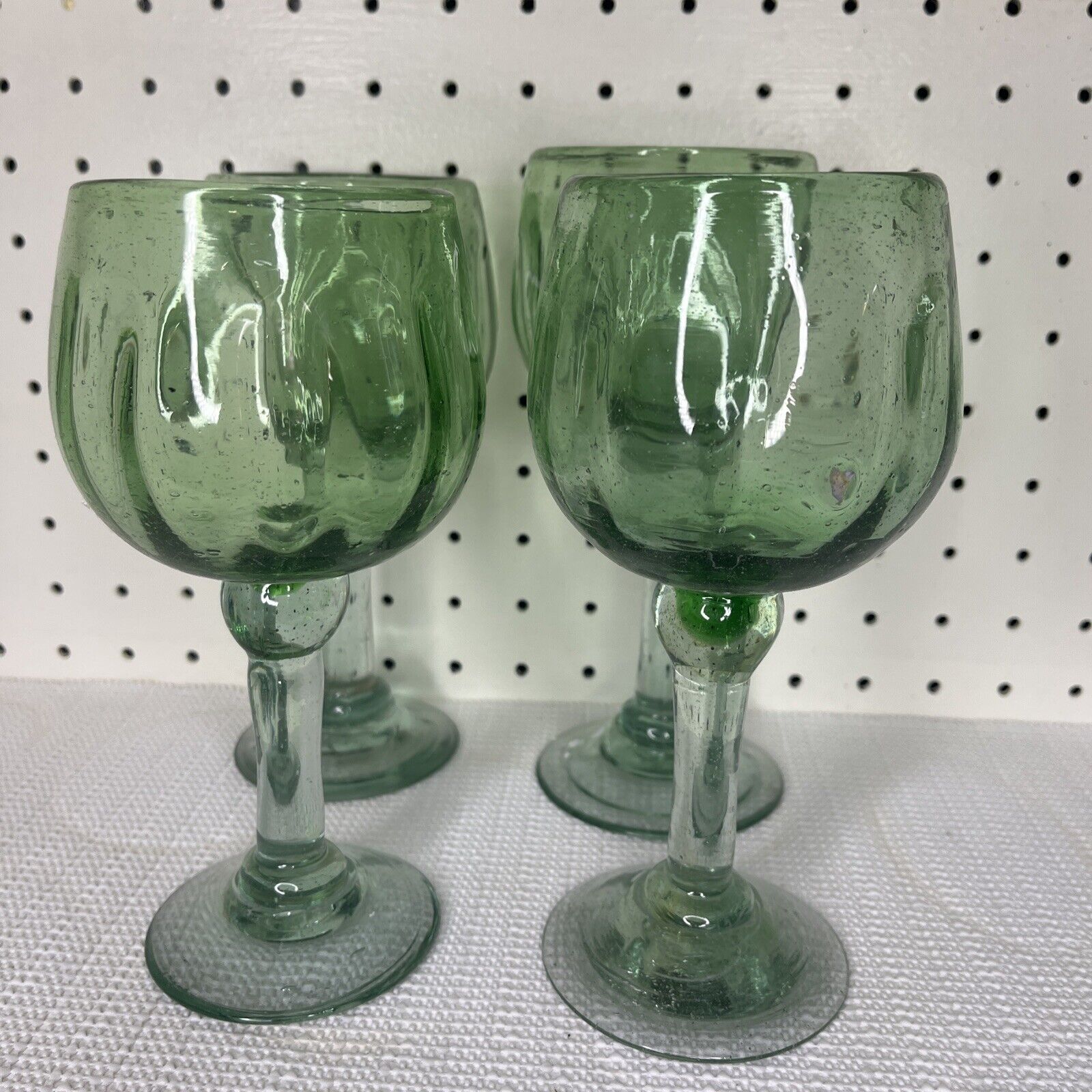 Mexican Goblets Hand Blown Green Stemmed Wine Water Thick Glasses Set 4