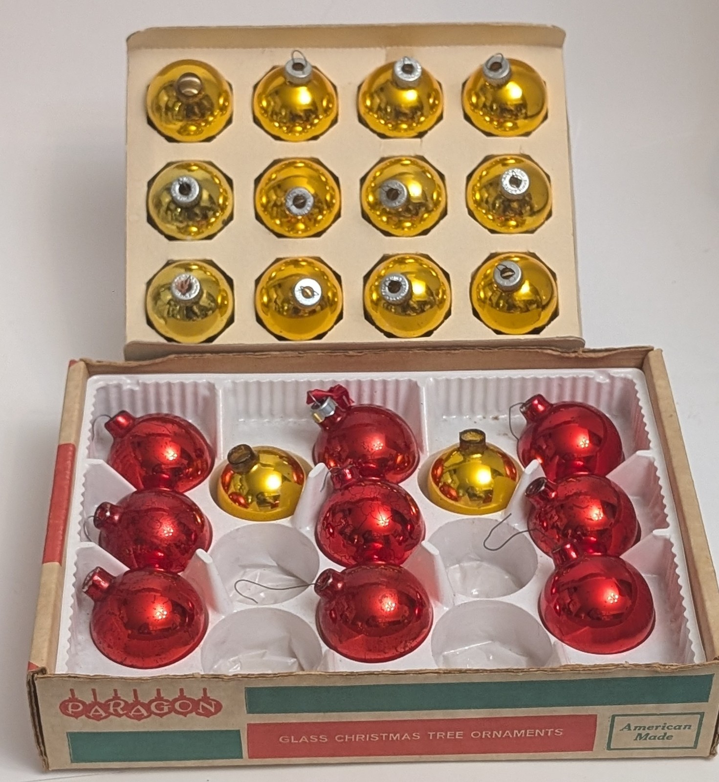 Vintage Christmas Ornaments -14 Shiny Brite Gold Round, 9 Paragon Red Teardrop