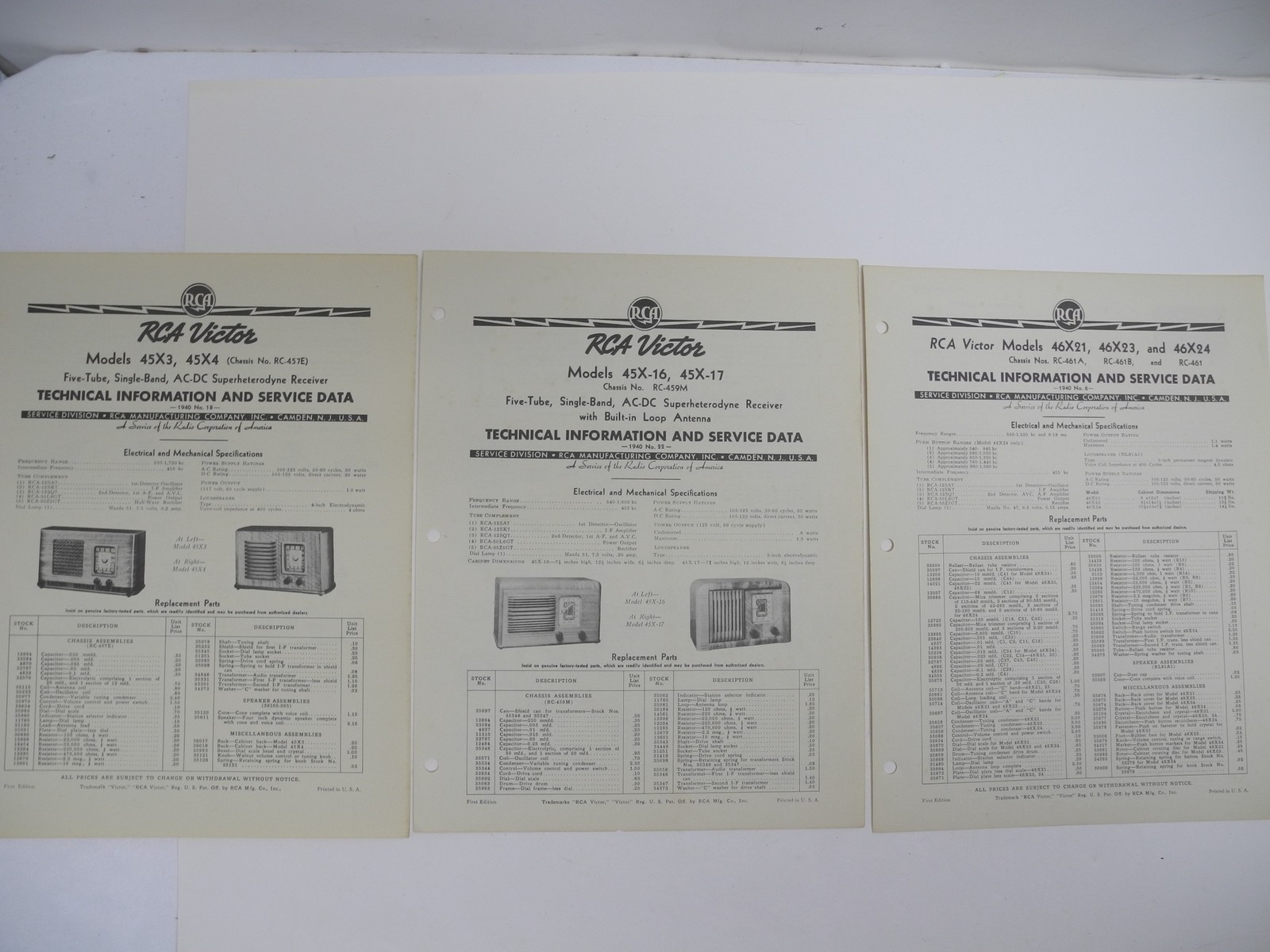 Vintage 1940 RCA Victor Model 45X3, X4, X16, X17, X21, X24 Radio Service Data
