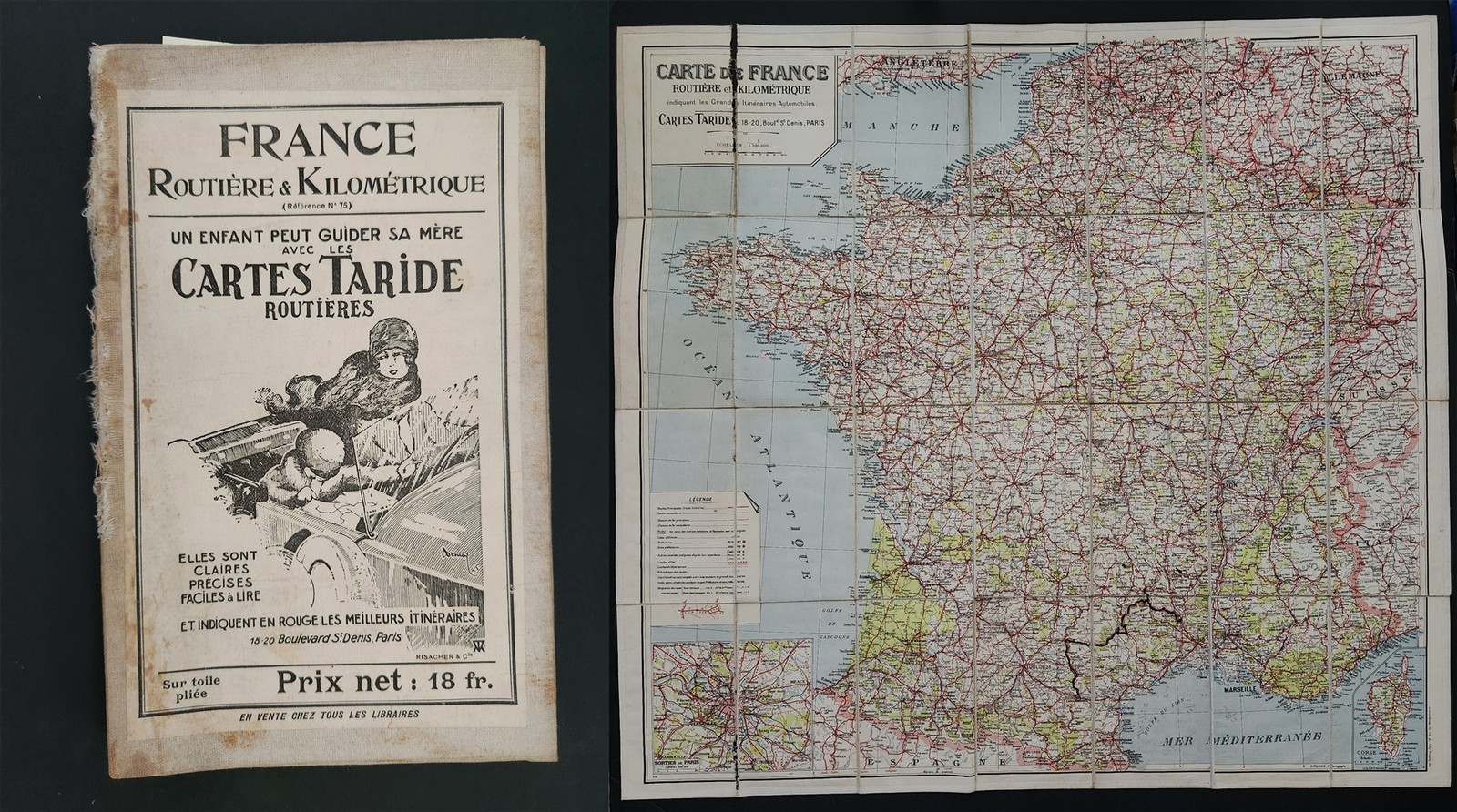 1920s antique ROAD MAP linen backed FRANCE CARTE TARIDE automobile travel