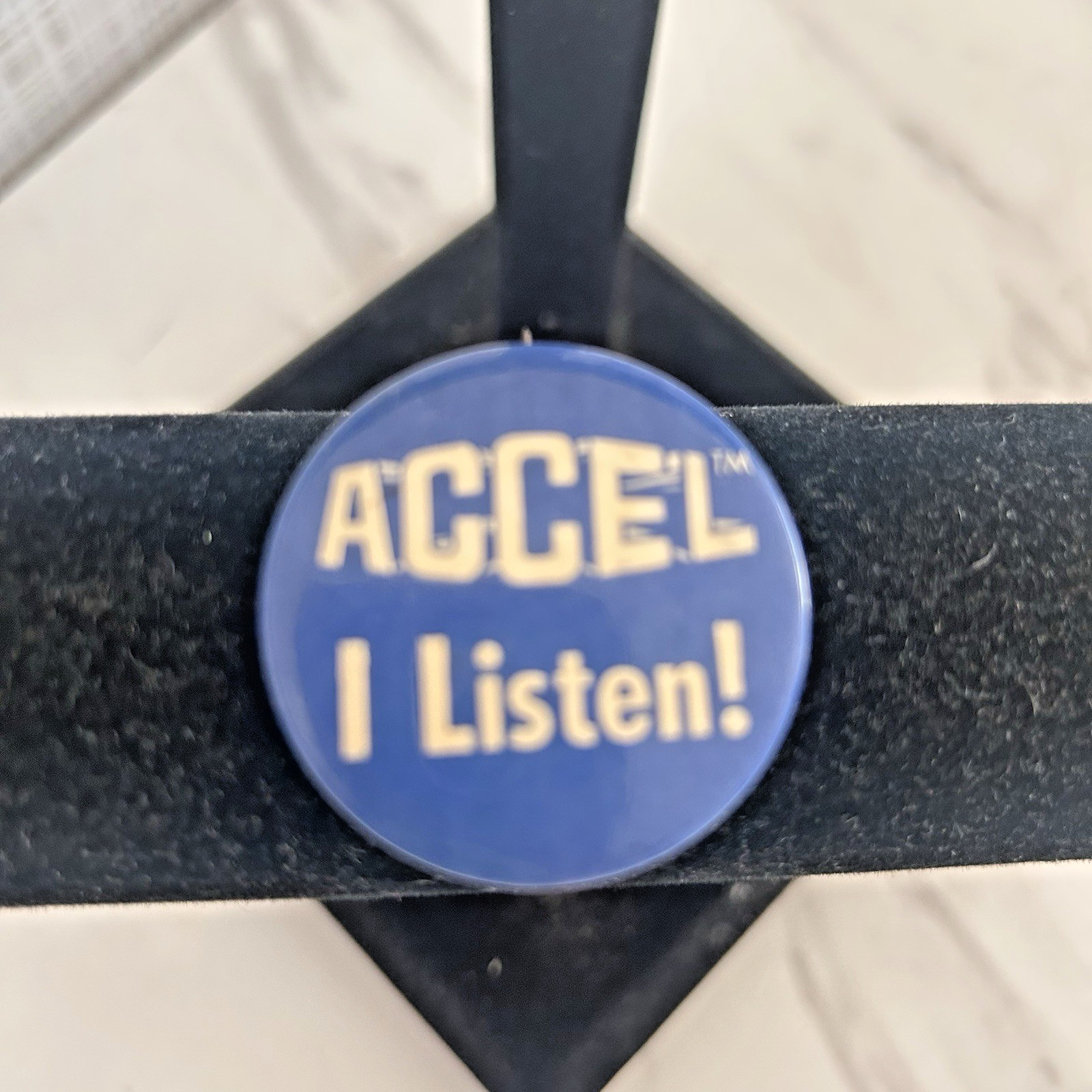 Vintage "Accel I Listen" Blue Pin 1 3/8" Pinback Metal Pin