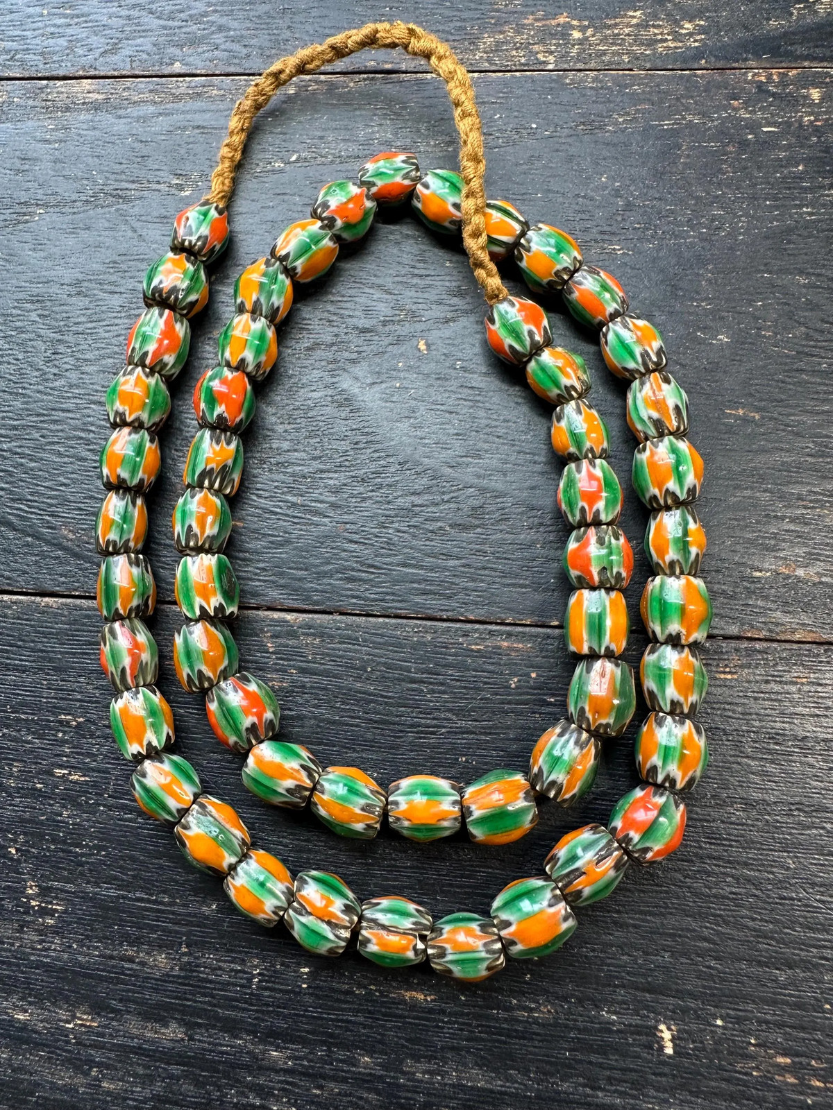 Vintage Nepal Chevron Glass Beads Necklace, 9-10mm Watermelon Melon Beads, 20 I