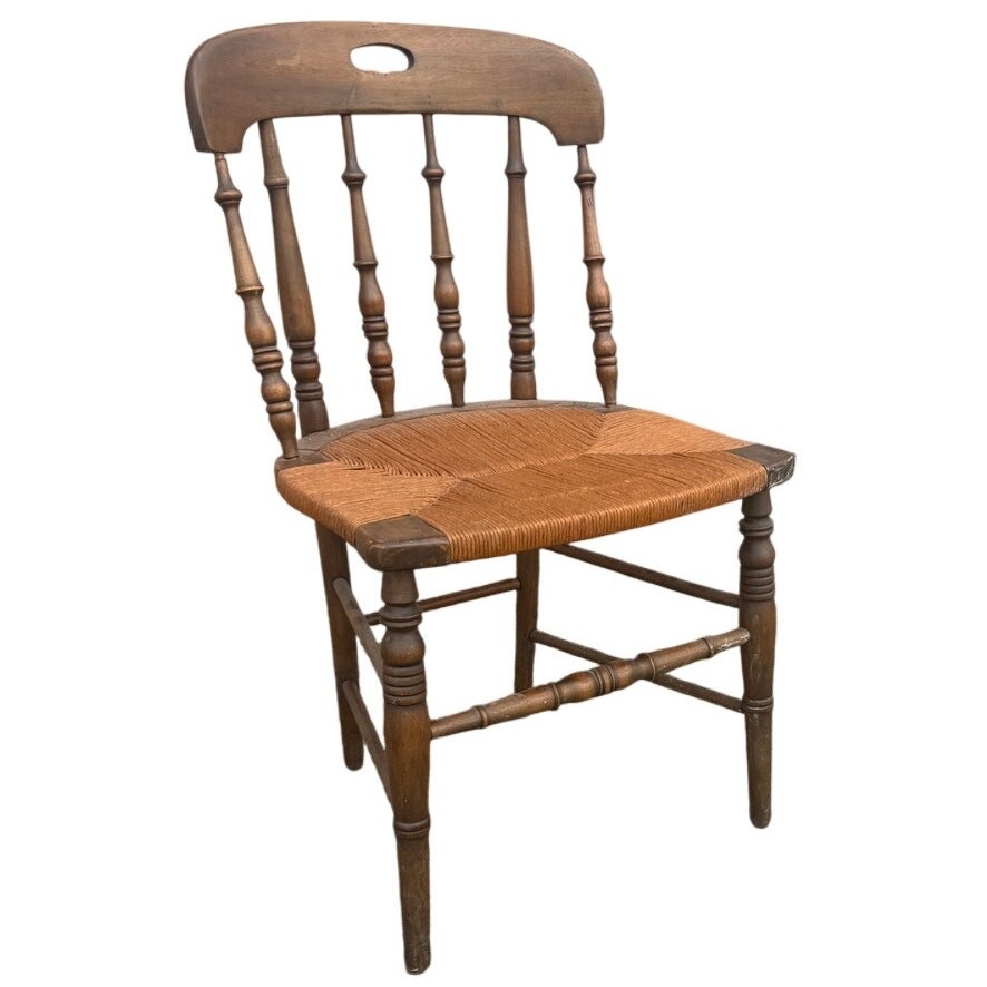 Antique Round Back Wooden Cane Woven Rush Spindle Curved Primitive farmhouse 