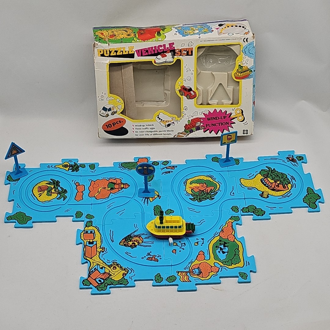 Vintage Wind Up Puzzle Vehicle Set Steamboat 9281B Complete Set In Box CIB 1992
