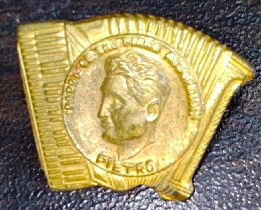 PIETRO Daddy Piano Accordion Antique Brass Lapel Pin - Vintage Music Jewelry