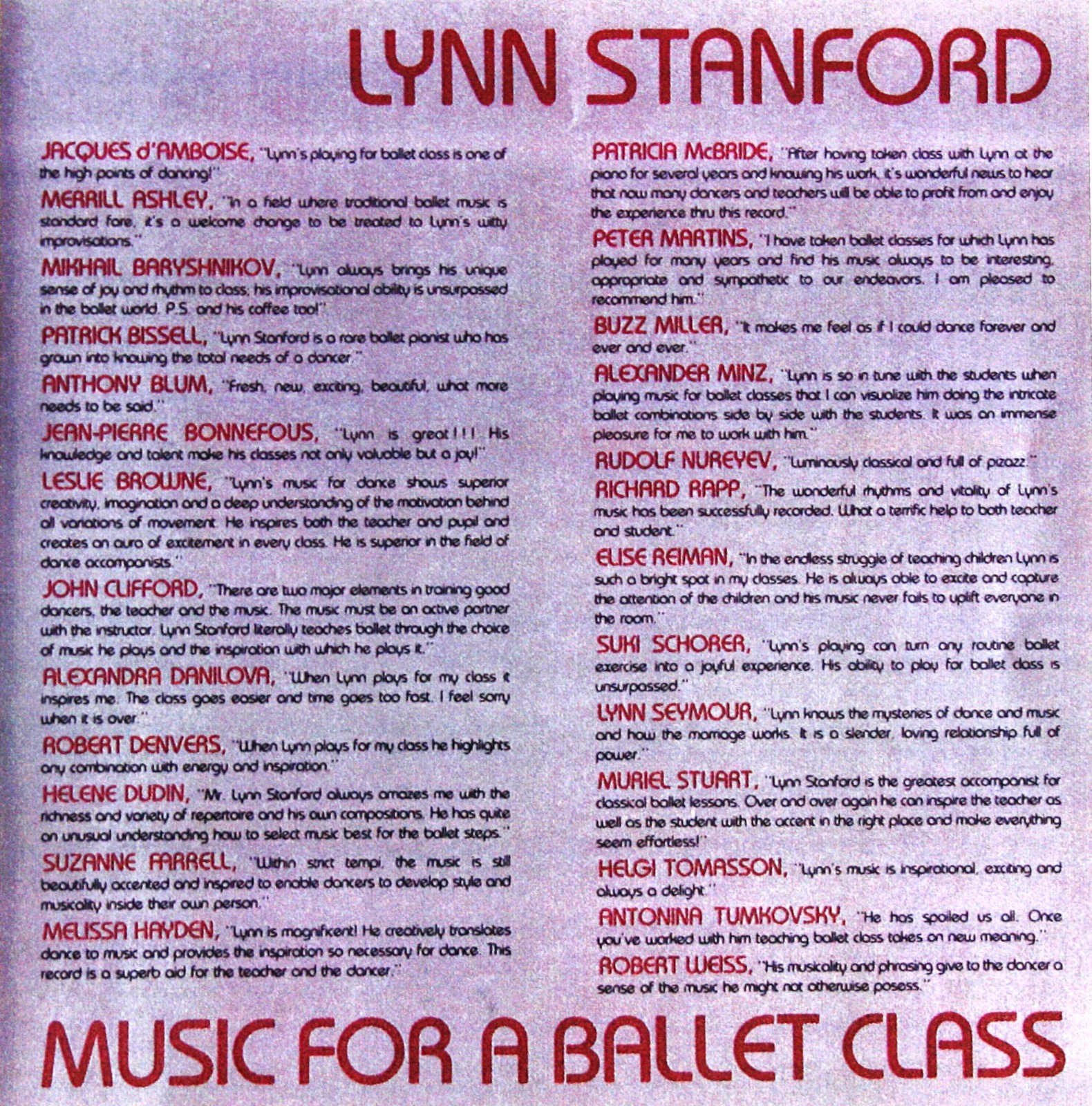 Lynn Stanford - Music for Ballet Class; CD (1980) Bodarc BOD-8001; NM