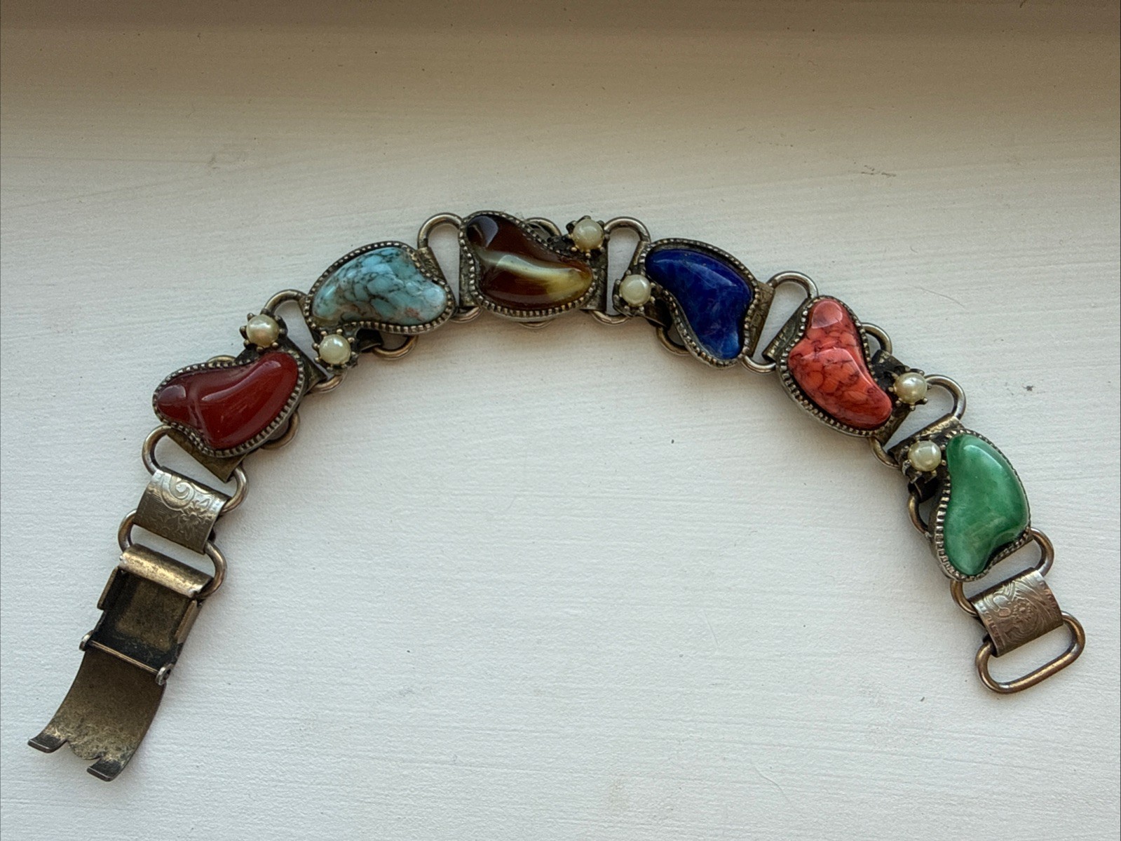 Vintage CHUNKY Multicolor Multistone Bracelet - Floral Imprints On Metal Links