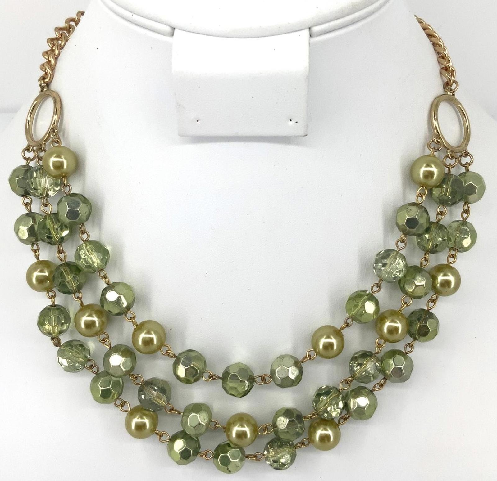 Vintage Acrylic Faux Pearl Boho Bib Necklace Gold Tone Green Multi Strand Bead