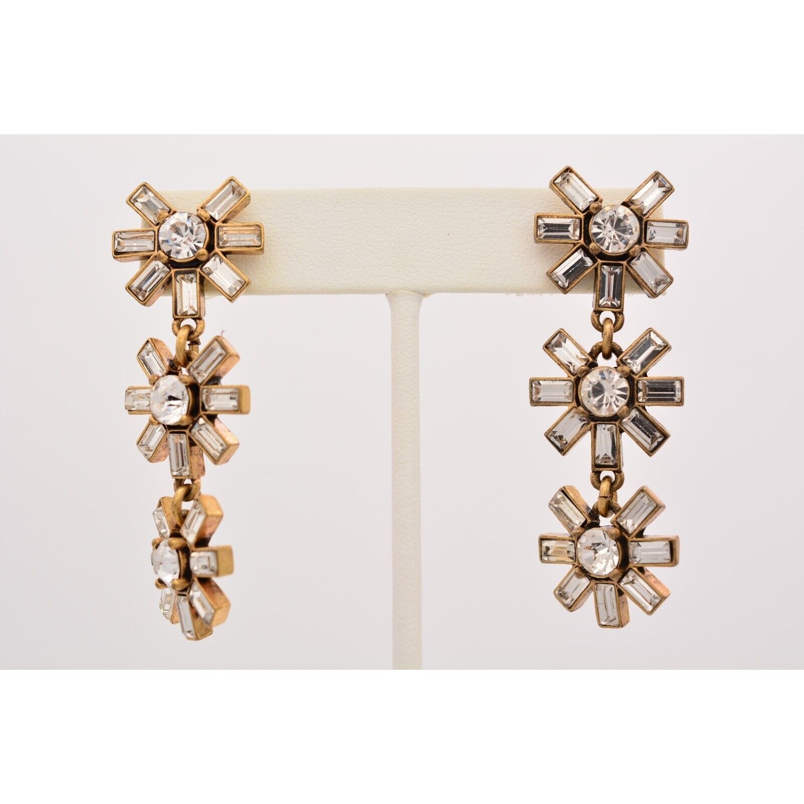 J.Crew Flower Starburst Crystal Dangle Earrings Antiqued Brushed Gold Y2K Bin8