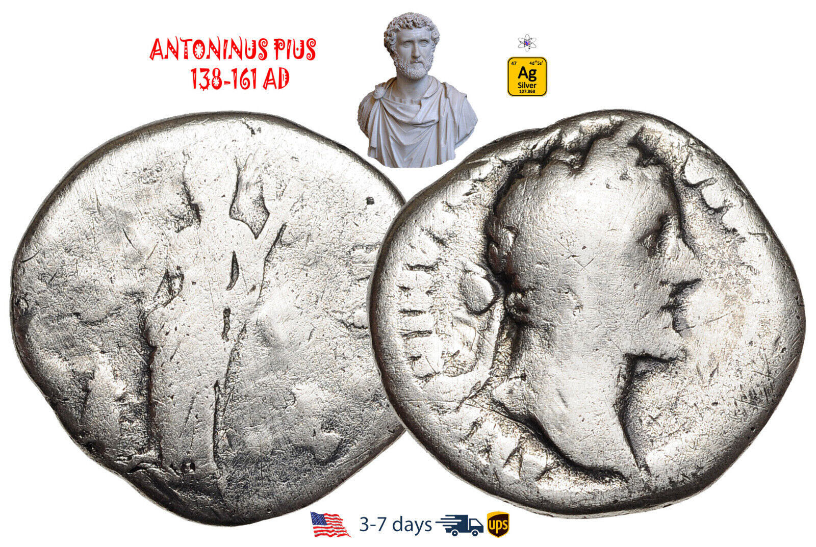 Ancient Roman Empire Coin Silver Denarius ANTONINUS PIUS 138-161 AD #30723