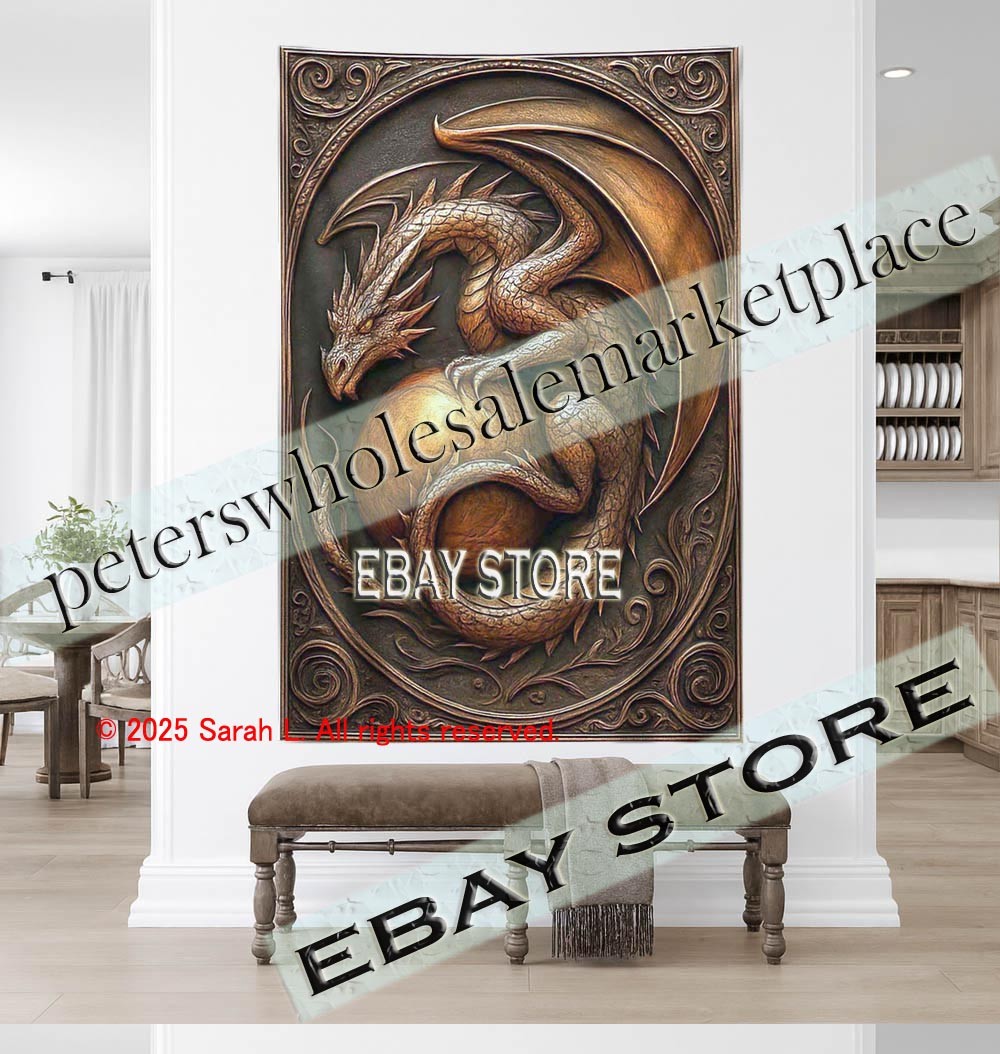 Golden Dragon tapestry 3D relief look fantasy power accent wall 59X82 in