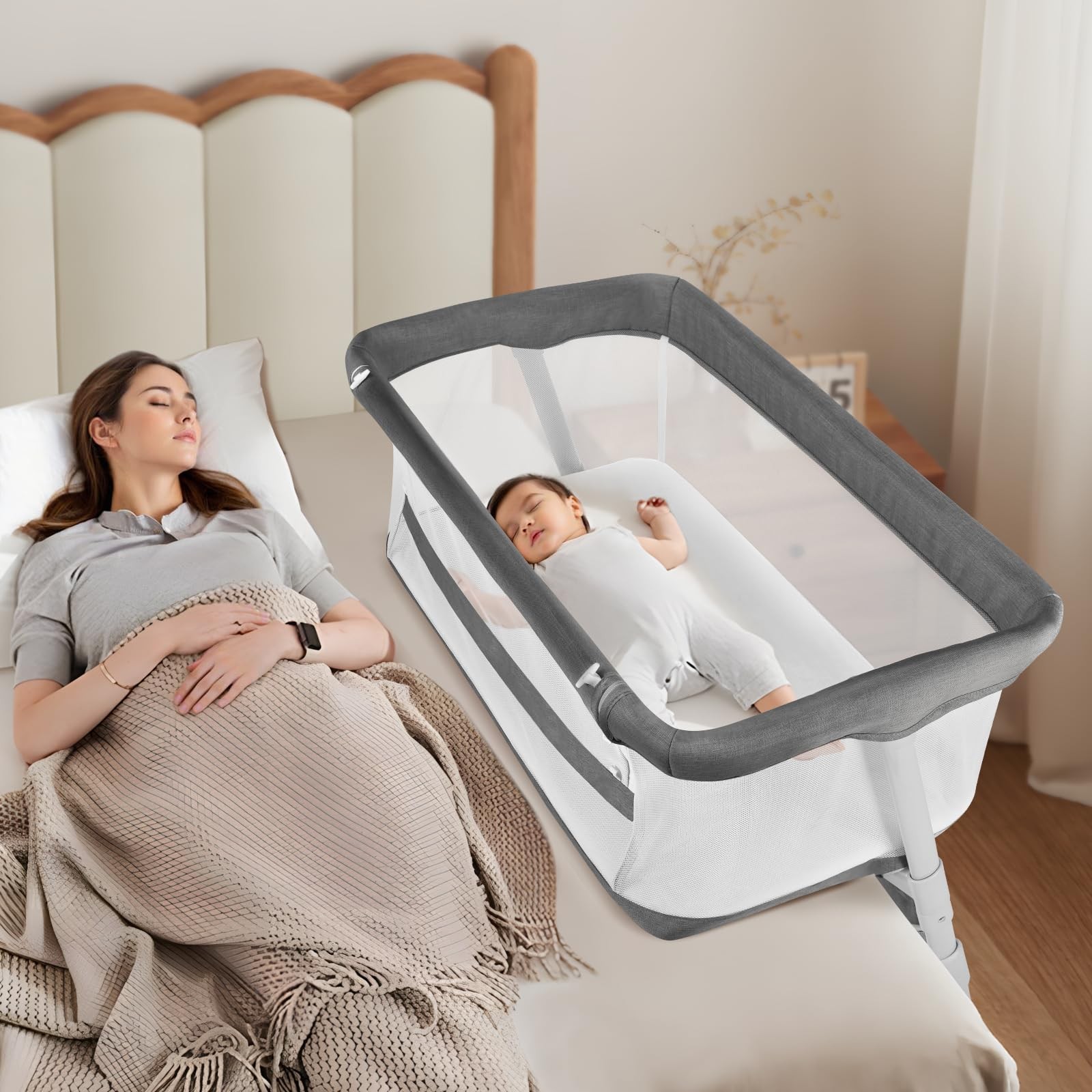 Bassinet Bedside Sleeper,Baby Bassinet Slides Over Bed,5-Height Adjustment & ...