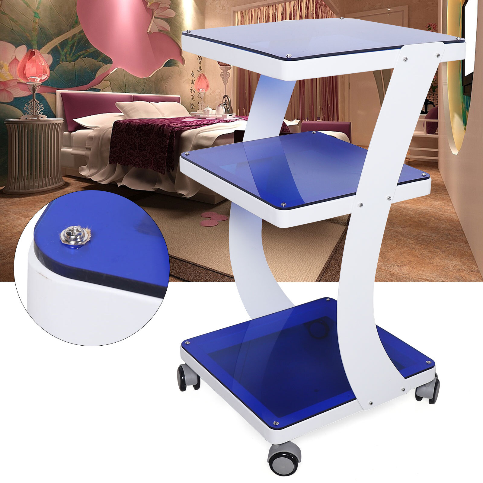 Salon Spa 3-Tier Rolling Trolley Cart for Home Shop Hair Beauty w 4 Silent Wheel