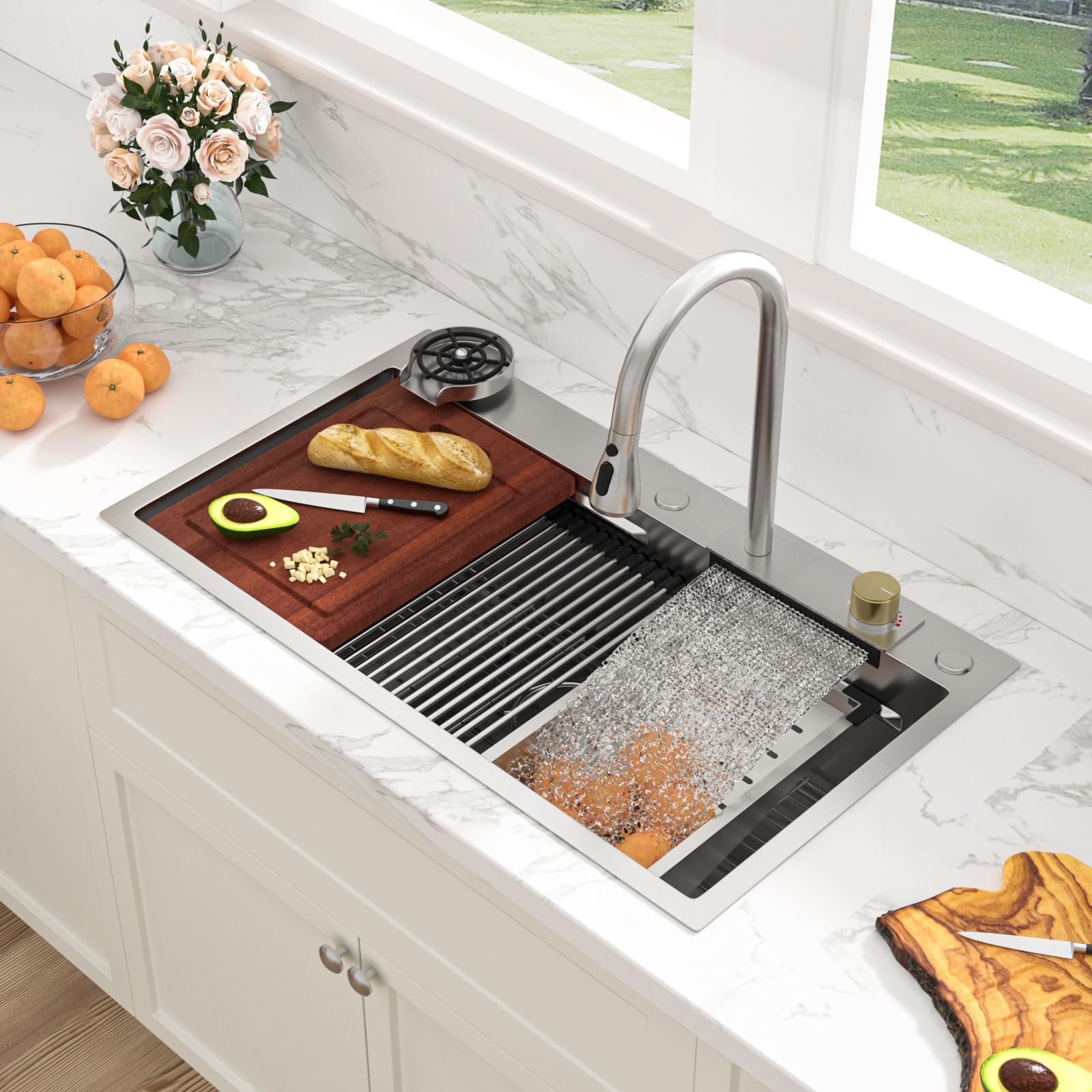 Waterfall Kitchen Sink Drop In - 33 Inch Waterfall Drop Workstation 33 x 19 I...