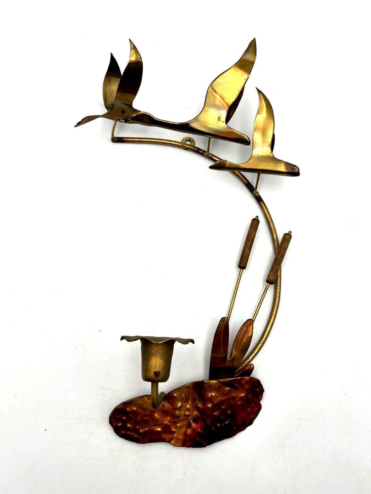 Vintage MCM Birds in Flight Over Pond Metal Wall Art Candle Holder Sconce