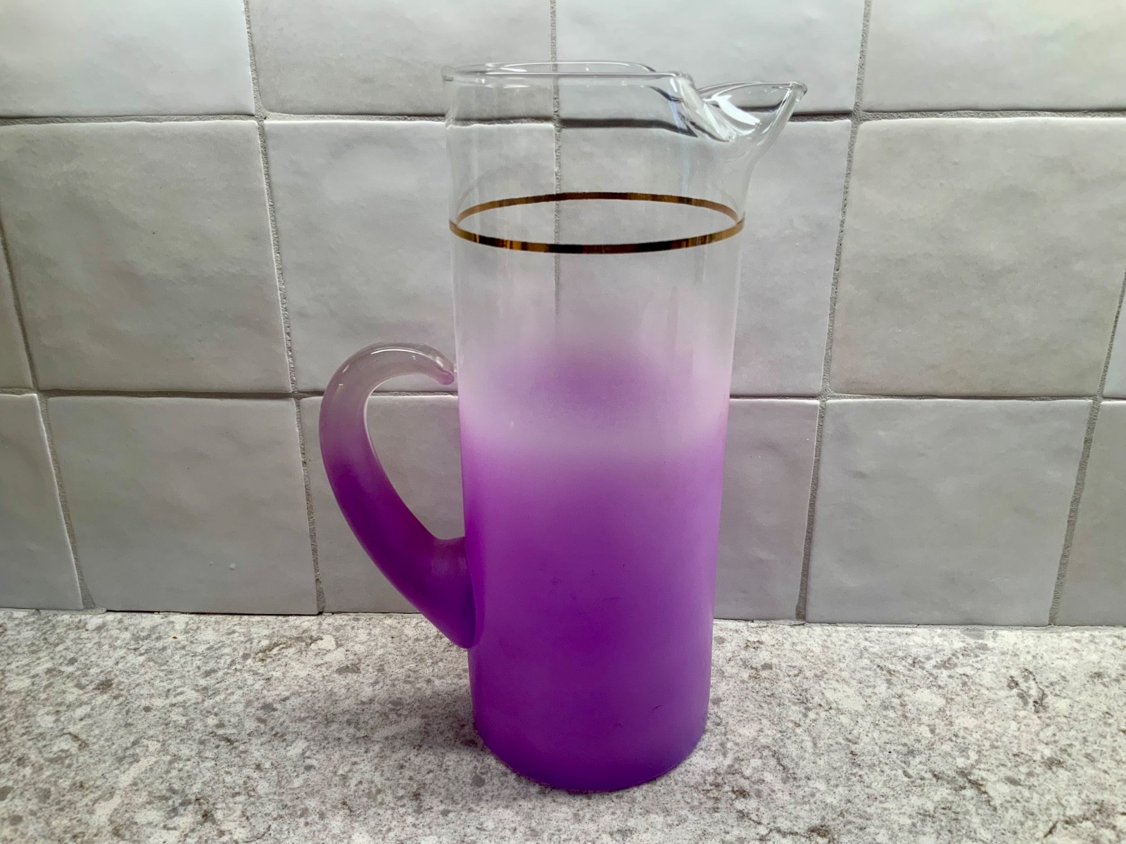 Vintage Blendo Lavender/Purple Frosted Gold Striped Pitcher 11" Tall