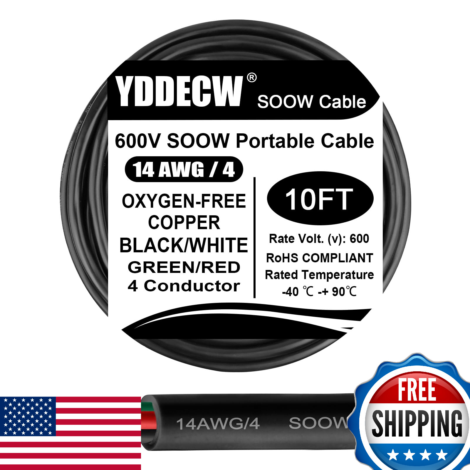 YDDECW 10ft 14/4 SOOW 600V 14 AWG Portable Power Cable 4 Conductor