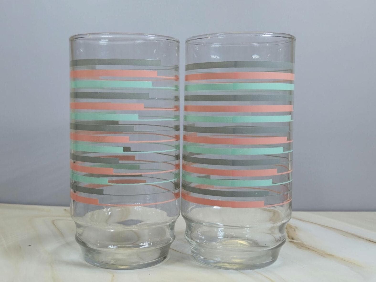 Vintage 1960s Glasses Pastel Indiana Glass striped Mint Green Pink Periwinkle