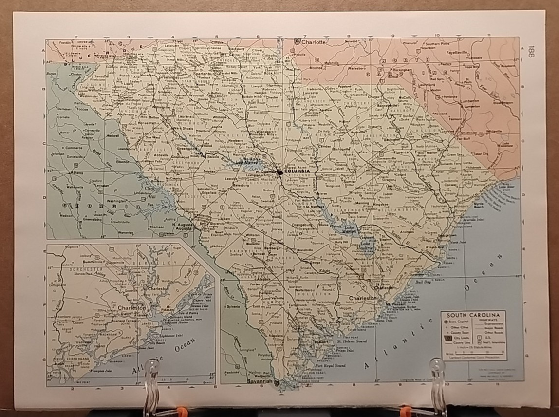 Old Vintage SOUTH CAROLINA Atlas Map 1961 MSM Life Pictorial Atlas of the World