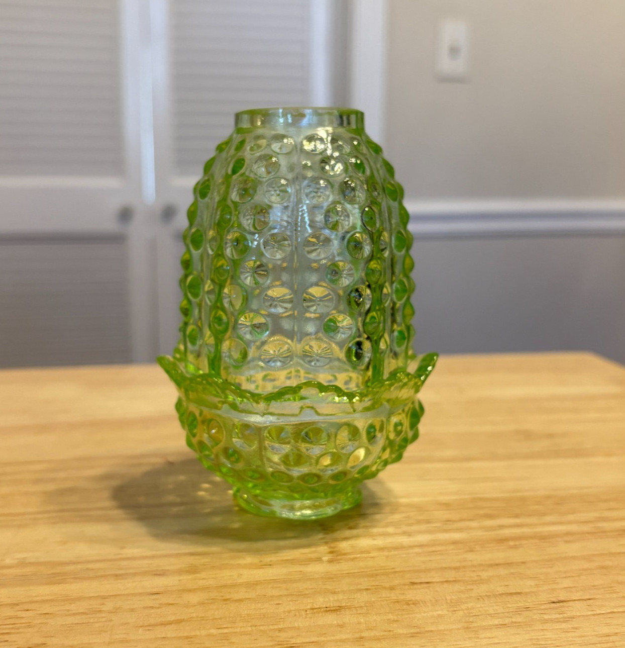 Vintage Wilkerson Green Vaseline Uranium Hobnail Glass 2 Piece Fairy Lamp Glow