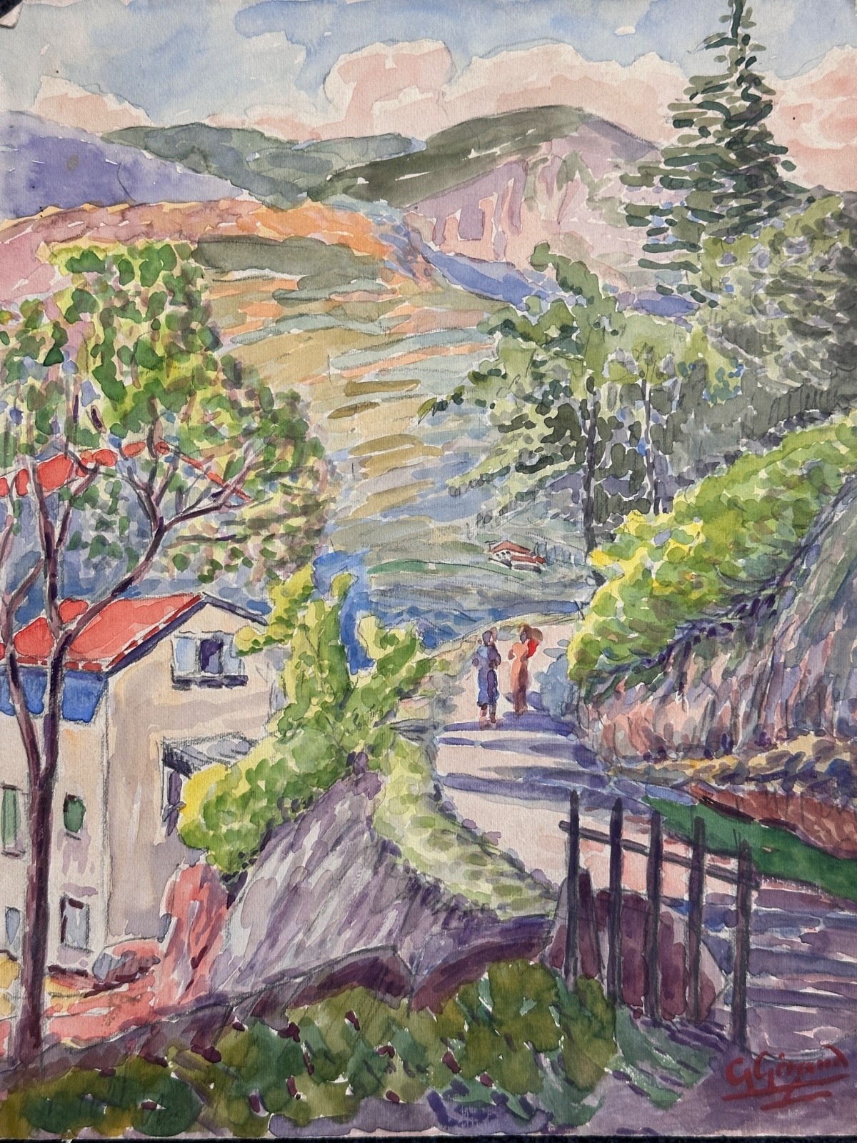 Old Watercolor Pyrenean School View Animated Village AX ARIÈGE 1920 MOUNTAIN