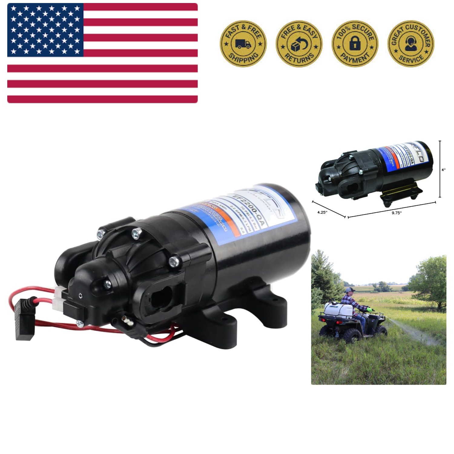 EF2200-QA-BOX 2.2GPM 12V Diaphragm Pump-Quick Attach Port, Black