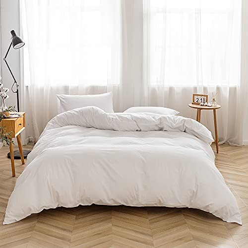  Bedding Duvet Cover Set 3 Pieces 100% Washed Cotton Duvet Cover Queen White