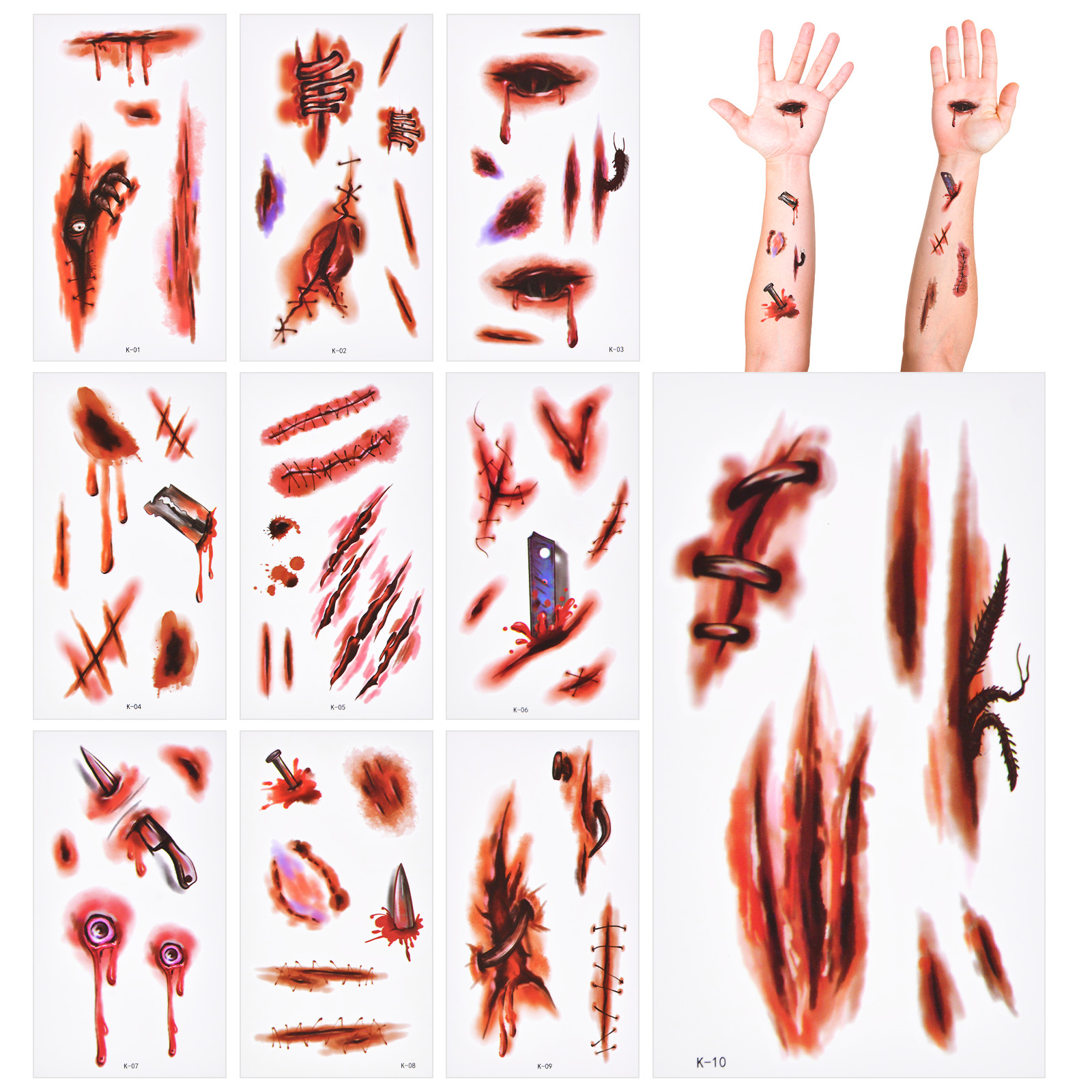10/20 Sheet Temporary Fake Water Tattoo Scar/Real Blood /Wound Sticker Halloween