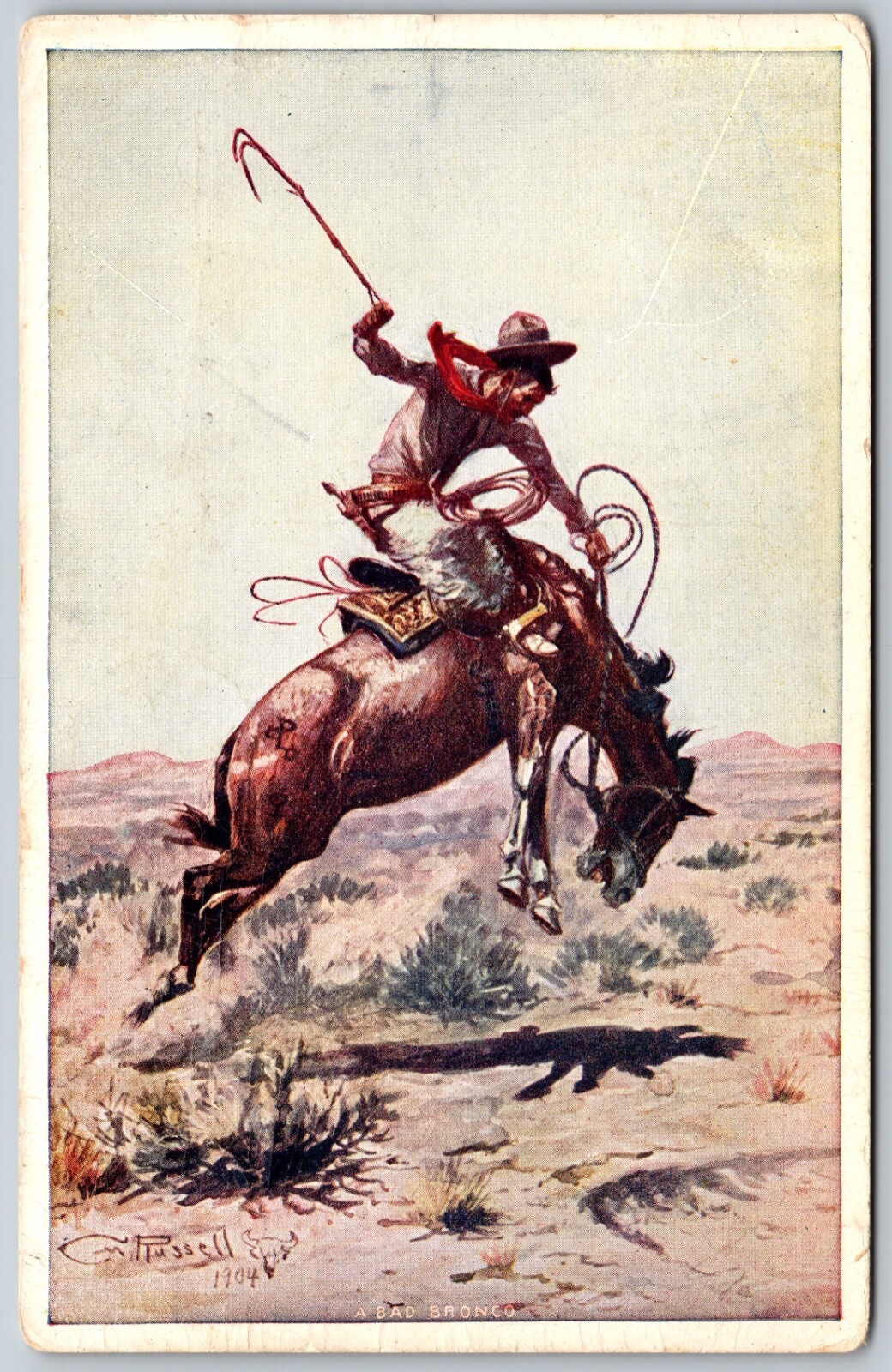 c1904 Man Rides 'A Bad Bronco' ANTIQUE Postcard